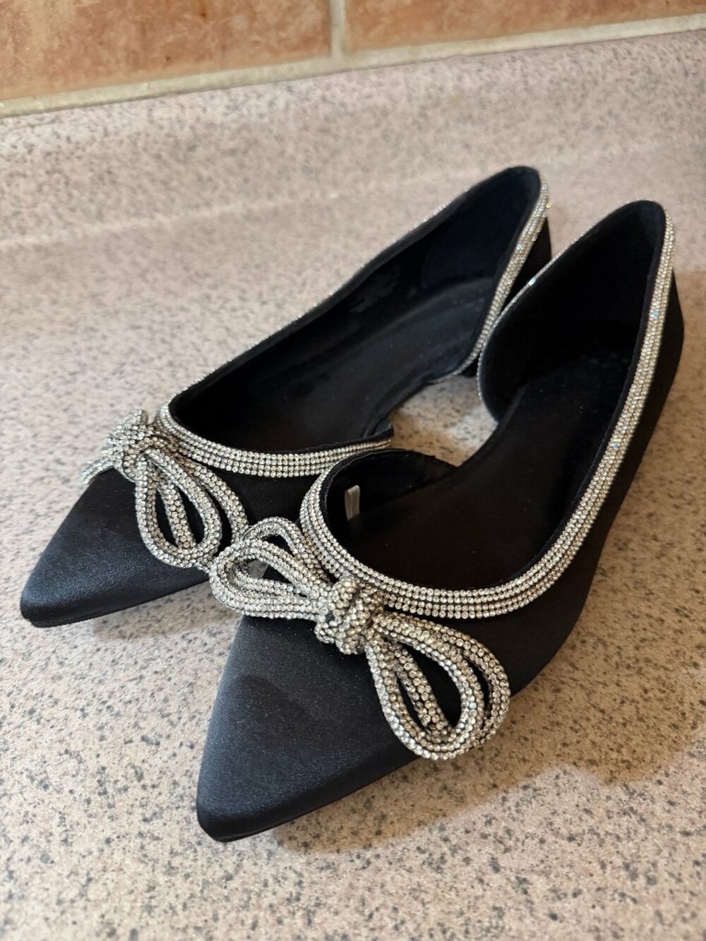 NWOT! A New Day Women's Black Satin Rhinestone Bow Pointed Toe Flats - Size 10